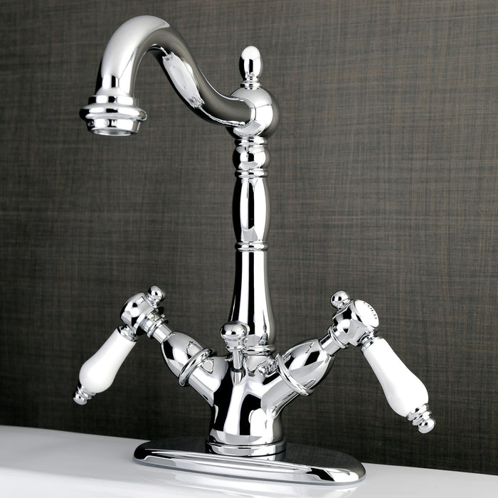 Kingston Heirloom KS1431BPL - Bel-Air Double-Handle 1-or-3 Hole Deck Mount 4-Inch Centerset Bathroom Faucet with Brass Pop-Up, Polished Chrome