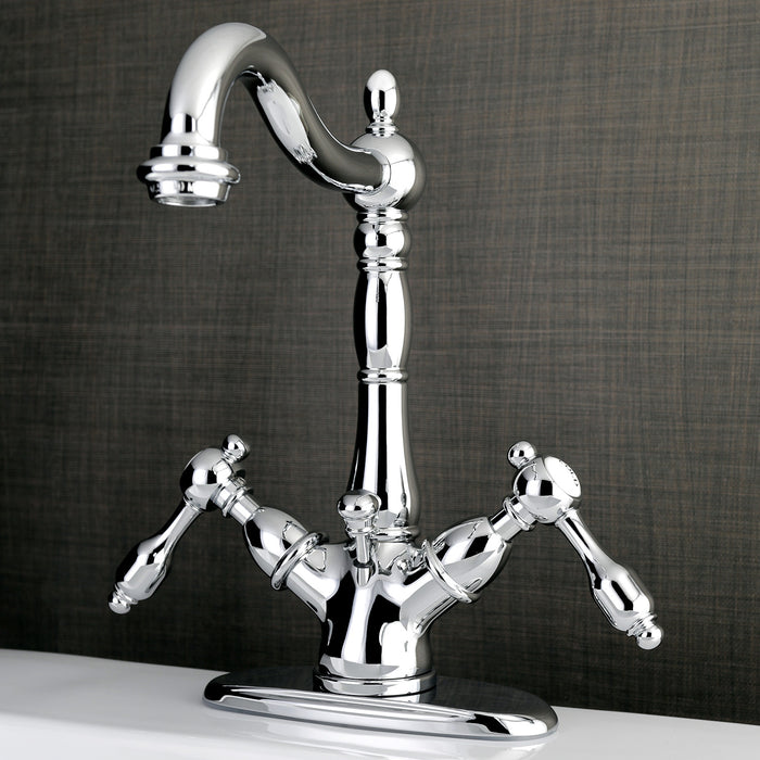 Kingston Heirloom KS1431TAL - Tudor Double-Handle 1-or-3 Hole Deck Mount 4-Inch Centerset Bathroom Faucet with Brass Pop-Up, Polished Chrome