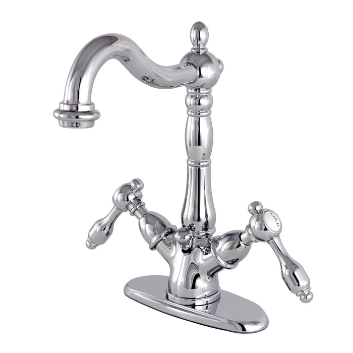Kingston Heirloom KS1431TAL - Tudor Double-Handle 1-or-3 Hole Deck Mount 4-Inch Centerset Bathroom Faucet with Brass Pop-Up, Polished Chrome