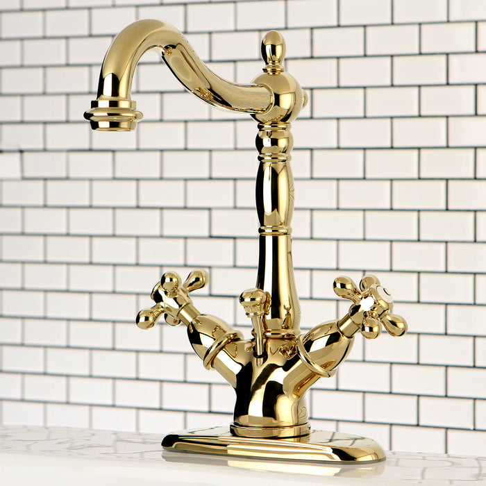 Heritage KS1432AX Double-Handle 1-or-3 Hole Deck Mount 4-Inch Centerset Bathroom Faucet with Brass Pop-Up, Polished Brass