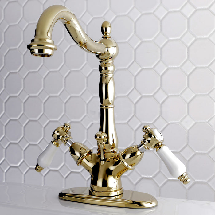 Kingston Heirloom KS1432BPL - Bel-Air Double-Handle 1-or-3 Hole Deck Mount 4-Inch Centerset Bathroom Faucet with Brass Pop-Up, Polished Brass