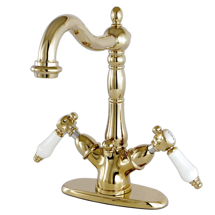 Kingston Heirloom KS1432BPL - Bel-Air Double-Handle 1-or-3 Hole Deck Mount 4-Inch Centerset Bathroom Faucet with Brass Pop-Up, Polished Brass