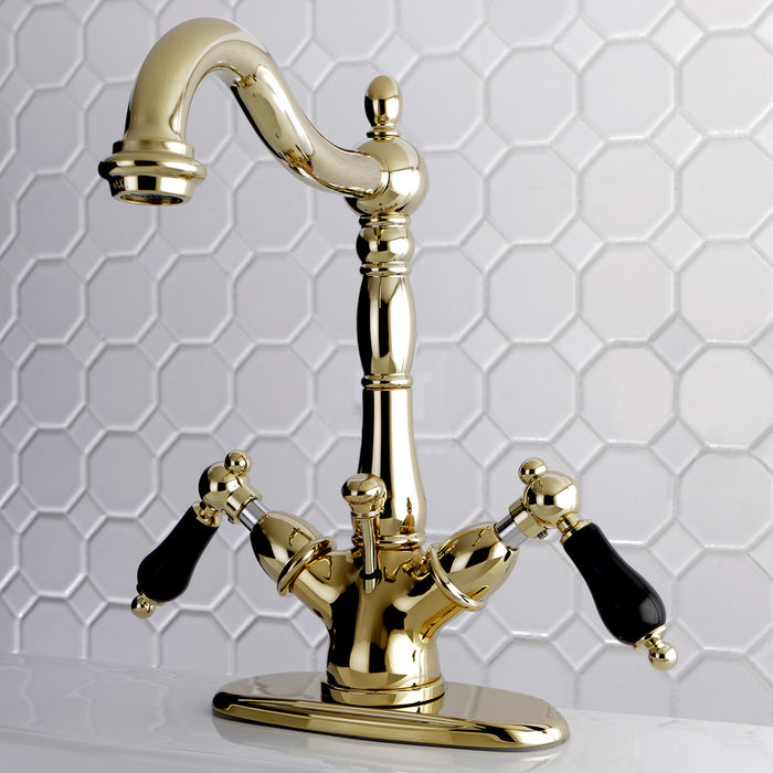 Kingston Heirloom KS1432PKL - Duchess Double-Handle 1-or-3 Hole Deck Mount 4-Inch Centerset Bathroom Faucet with Brass Pop-Up, Polished Brass