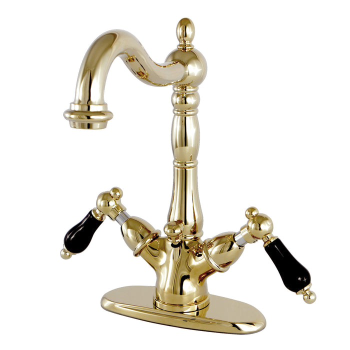Kingston Heirloom KS1432PKL - Duchess Double-Handle 1-or-3 Hole Deck Mount 4-Inch Centerset Bathroom Faucet with Brass Pop-Up, Polished Brass