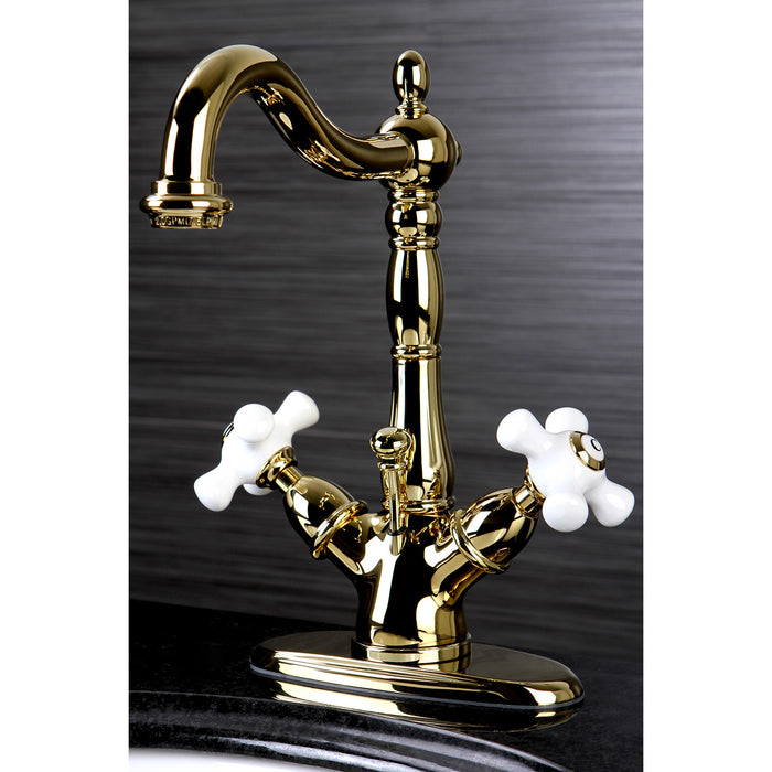 Kingston Heirloom KS1432PX - Heritage Double-Handle 1-or-3 Hole Deck Mount 4-Inch Centerset Bathroom Faucet with Brass Pop-Up, Polished Brass