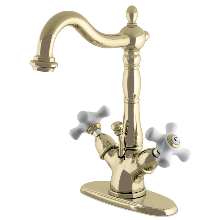 Kingston Heirloom KS1432PX - Heritage Double-Handle 1-or-3 Hole Deck Mount 4-Inch Centerset Bathroom Faucet with Brass Pop-Up, Polished Brass