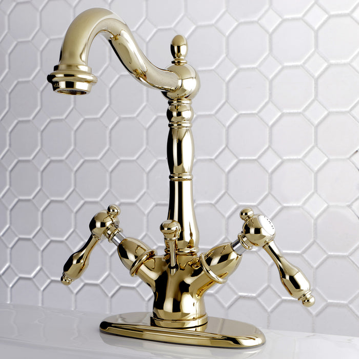 Kingston Heirloom KS1432TAL - Tudor Double-Handle 1-or-3 Hole Deck Mount 4-Inch Centerset Bathroom Faucet with Brass Pop-Up, Polished Brass