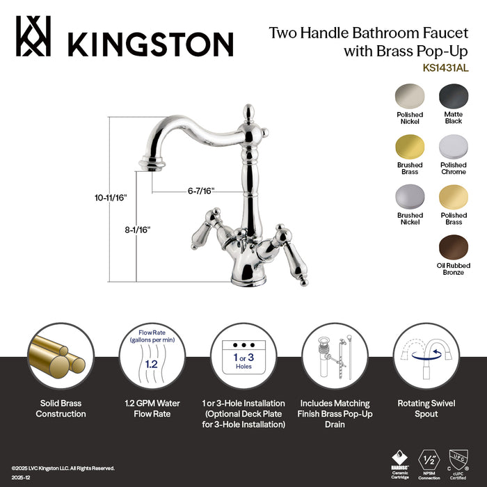 Kingston Heirloom KS1435AL - Heritage Double-Handle 1-or-3 Hole Deck Mount 4-Inch Centerset Bathroom Faucet with Brass Pop-Up, Oil Rubbed Bronze