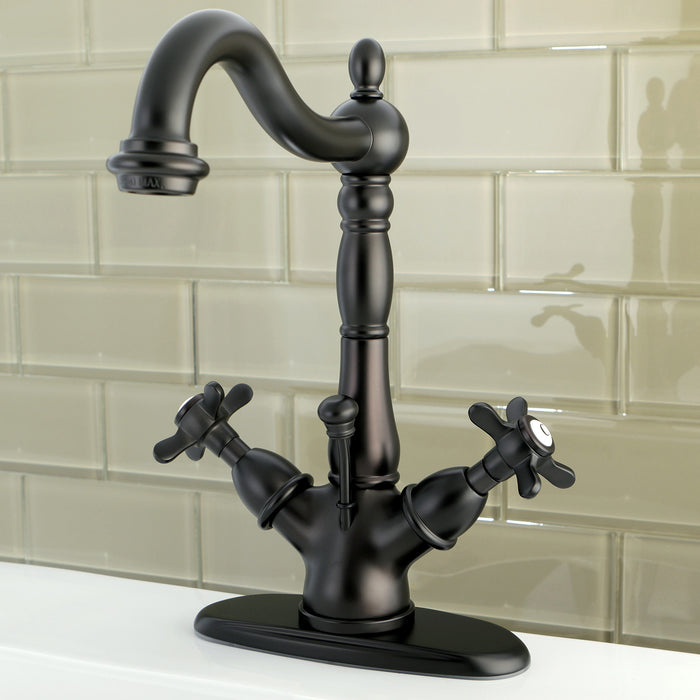 Kingston Heirloom KS1435BEX - Essex Double-Handle 1-or-3 Hole Deck Mount 4-Inch Centerset Bathroom Faucet with Brass Pop-Up, Oil Rubbed Bronze
