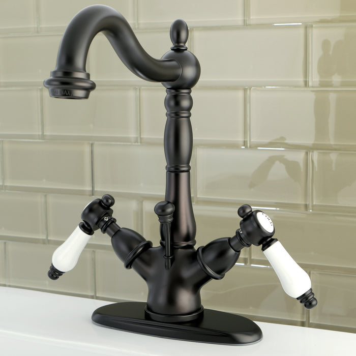 Kingston Heirloom KS1435BPL - Bel-Air Double-Handle 1-or-3 Hole Deck Mount 4-Inch Centerset Bathroom Faucet with Brass Pop-Up, Oil Rubbed Bronze