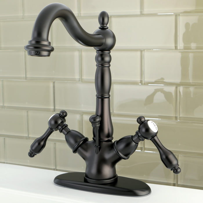 Kingston Heirloom KS1435TAL - Tudor Double-Handle 1-or-3 Hole Deck Mount 4-Inch Centerset Bathroom Faucet with Brass Pop-Up, Oil Rubbed Bronze