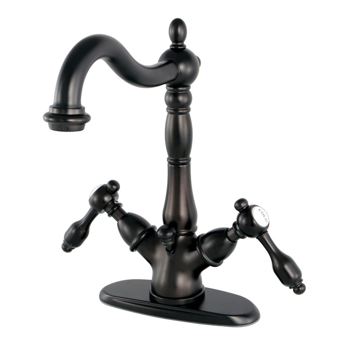 Kingston Heirloom KS1435TAL - Tudor Double-Handle 1-or-3 Hole Deck Mount 4-Inch Centerset Bathroom Faucet with Brass Pop-Up, Oil Rubbed Bronze
