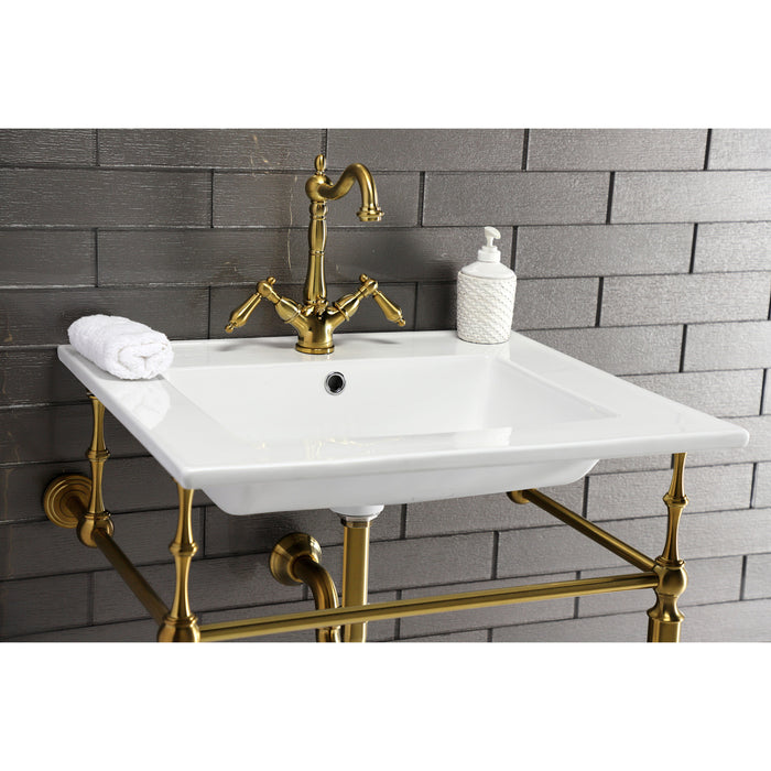 Kingston Heirloom KS1437AL - Heritage Double-Handle 1-or-3 Hole Deck Mount 4-Inch Centerset Bathroom Faucet with Brass Pop-Up, Brushed Brass