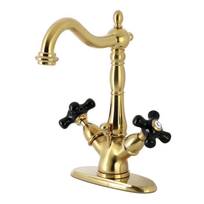 Kingston Heirloom KS1437PKX - Duchess Double-Handle 1-or-3 Hole Deck Mount 4-Inch Centerset Bathroom Faucet with Brass Pop-Up, Brushed Brass