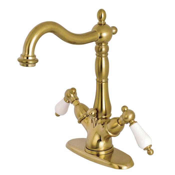 Heritage KS1437PL Double-Handle 1-or-3 Hole Deck Mount 4-Inch Centerset Bathroom Faucet with Brass Pop-Up, Brushed Brass