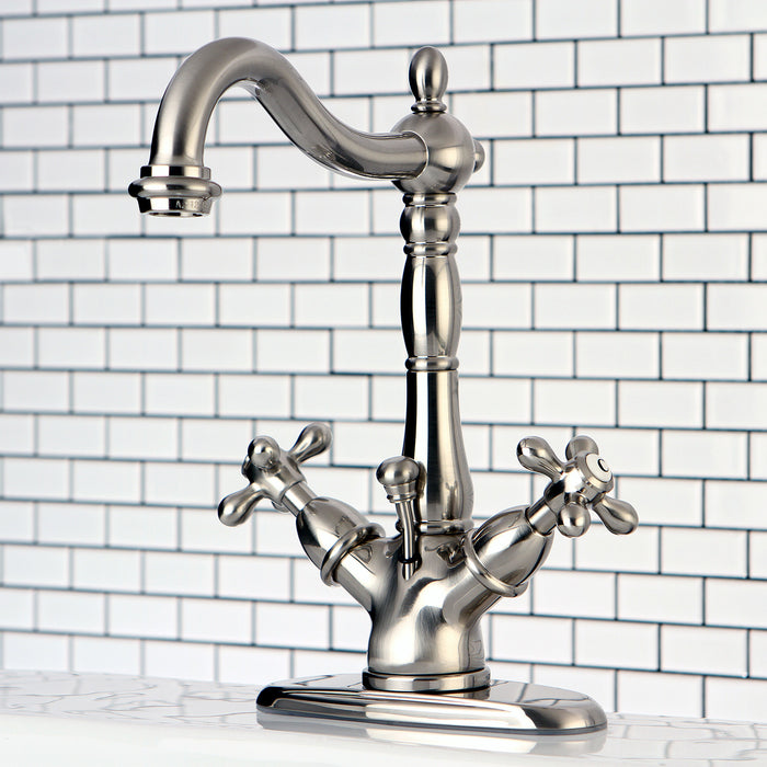 Kingston Heirloom KS1438AX - Heritage Double-Handle 1-or-3 Hole Deck Mount 4-Inch Centerset Bathroom Faucet with Brass Pop-Up, Brushed Nickel