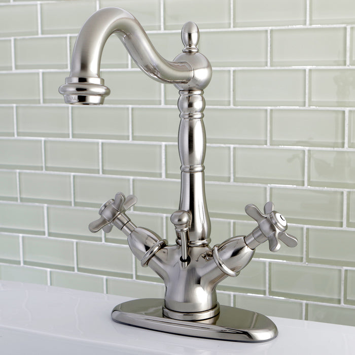 Kingston Heirloom KS1438BEX - Essex Double-Handle 1-or-3 Hole Deck Mount 4-Inch Centerset Bathroom Faucet with Brass Pop-Up, Brushed Nickel