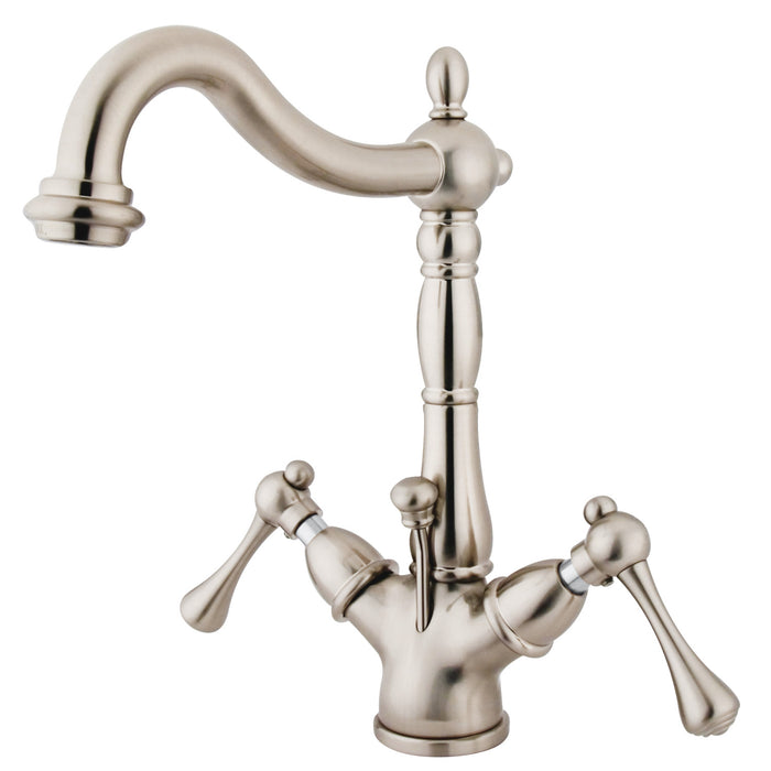 Kingston Heirloom KS1438BL - Heritage Double-Handle 1-or-3 Hole Deck Mount 4-Inch Centerset Bathroom Faucet with Brass Pop-Up, Brushed Nickel