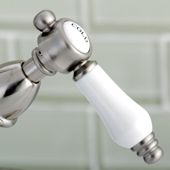 Kingston Heirloom KS1438BPL - Bel-Air Double-Handle 1-or-3 Hole Deck Mount 4-Inch Centerset Bathroom Faucet with Brass Pop-Up, Brushed Nickel