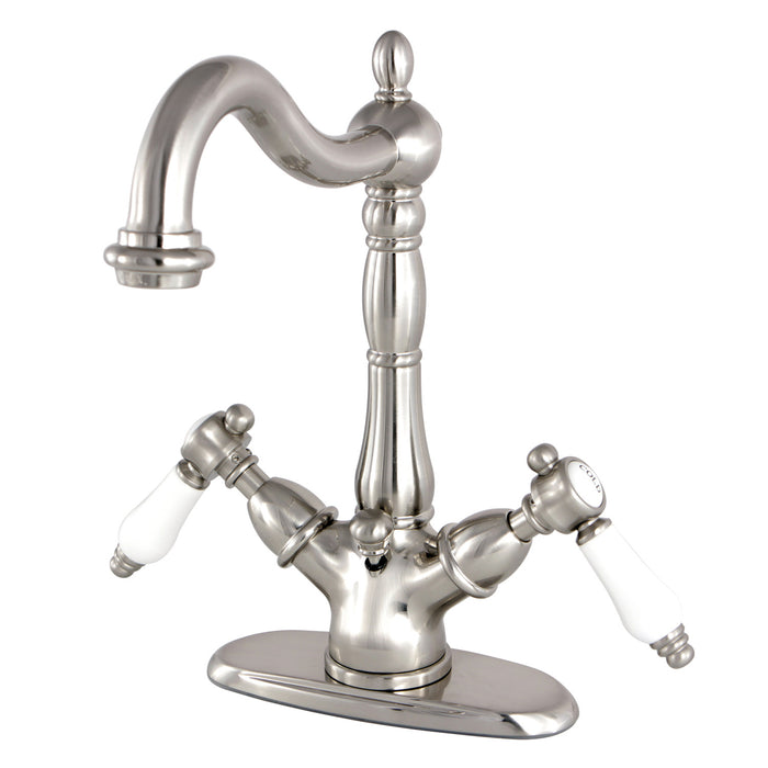Kingston Heirloom KS1438BPL - Bel-Air Double-Handle 1-or-3 Hole Deck Mount 4-Inch Centerset Bathroom Faucet with Brass Pop-Up, Brushed Nickel