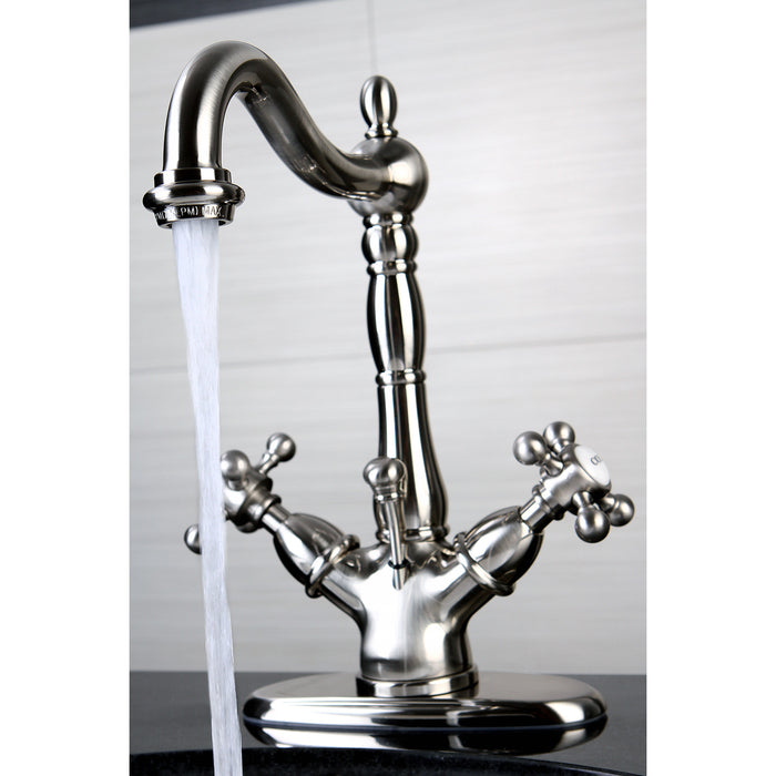 Kingston Heirloom KS1438BX - Vintage Double-Handle 1-or-3 Hole Deck Mount 4-Inch Centerset Bathroom Faucet with Brass Pop-Up, Brushed Nickel