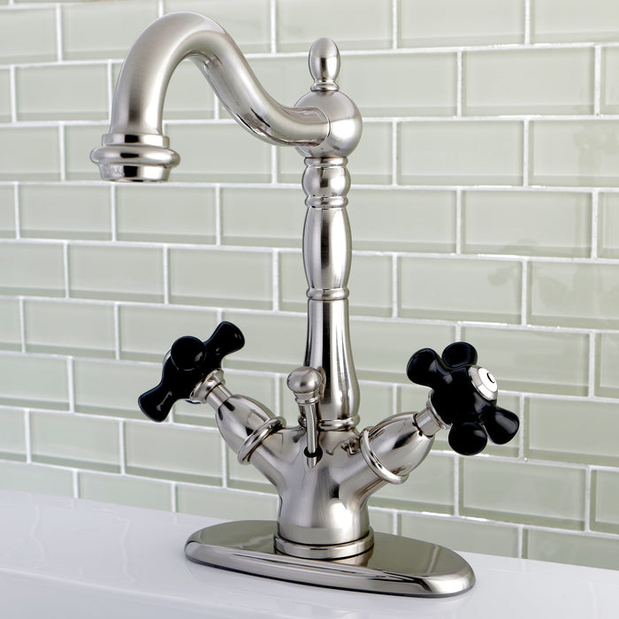 Kingston Heirloom KS1438PKX - Duchess Double-Handle 1-or-3 Hole Deck Mount 4-Inch Centerset Bathroom Faucet with Brass Pop-Up, Brushed Nickel