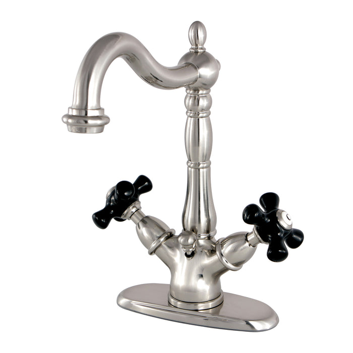 Kingston Heirloom KS1438PKX - Duchess Double-Handle 1-or-3 Hole Deck Mount 4-Inch Centerset Bathroom Faucet with Brass Pop-Up, Brushed Nickel