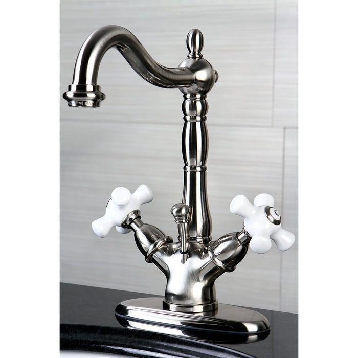 Kingston Heirloom KS1438PX - Heritage Double-Handle 1-or-3 Hole Deck Mount 4-Inch Centerset Bathroom Faucet with Brass Pop-Up, Brushed Nickel