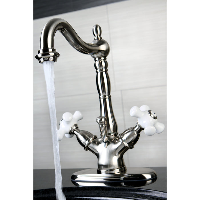 Kingston Heirloom KS1438PX - Heritage Double-Handle 1-or-3 Hole Deck Mount 4-Inch Centerset Bathroom Faucet with Brass Pop-Up, Brushed Nickel