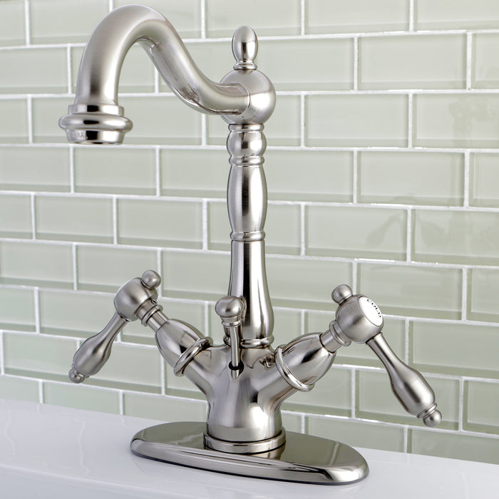 Kingston Heirloom KS1438TAL - Tudor Double-Handle 1-or-3 Hole Deck Mount 4-Inch Centerset Bathroom Faucet with Brass Pop-Up, Brushed Nickel