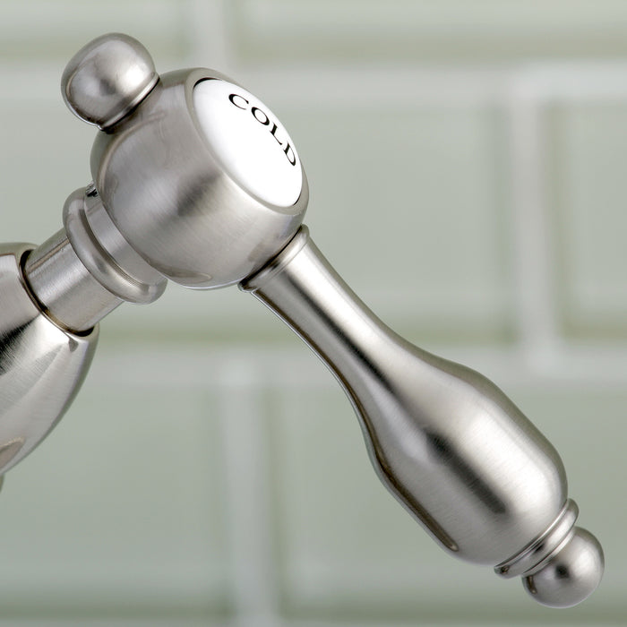 Kingston Heirloom KS1438TAL - Tudor Double-Handle 1-or-3 Hole Deck Mount 4-Inch Centerset Bathroom Faucet with Brass Pop-Up, Brushed Nickel