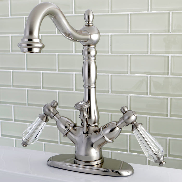 Kingston Heirloom KS1438WLL - Wilshire Double-Handle 1-or-3 Hole Deck Mount 4-Inch Centerset Bathroom Faucet with Brass Pop-Up, Brushed Nickel