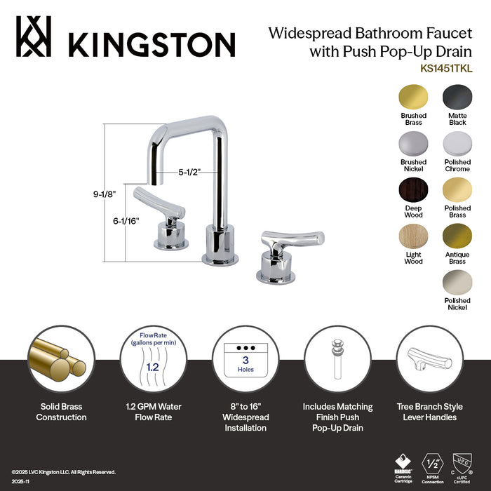 Kingston Sona KS145DWTKL - Hallerbos Two-Handle 3-Hole Deck Mount Widespread Bathroom Faucet with Push Pop-Up Drain, Deep Wood