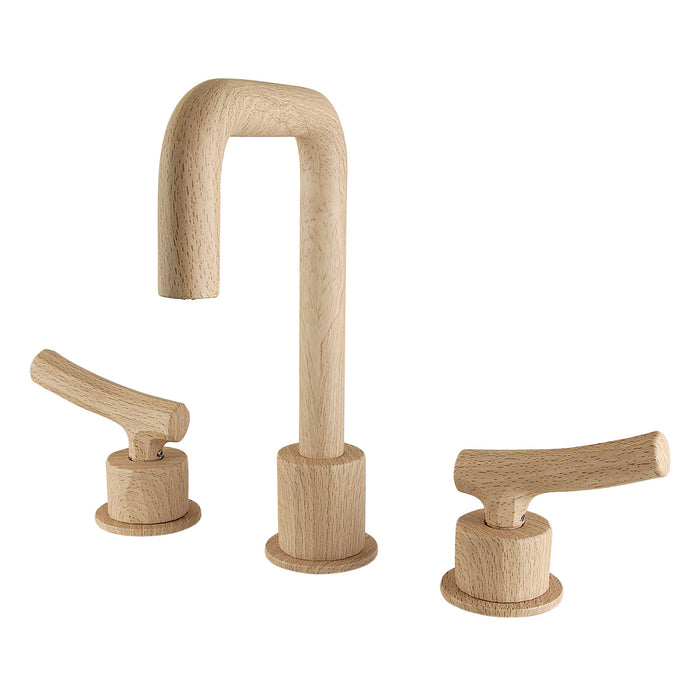 Kingston Sona KS145LWTKL - Hallerbos Two-Handle 3-Hole Deck Mount Widespread Bathroom Faucet with Push Pop-Up Drain, Light Wood