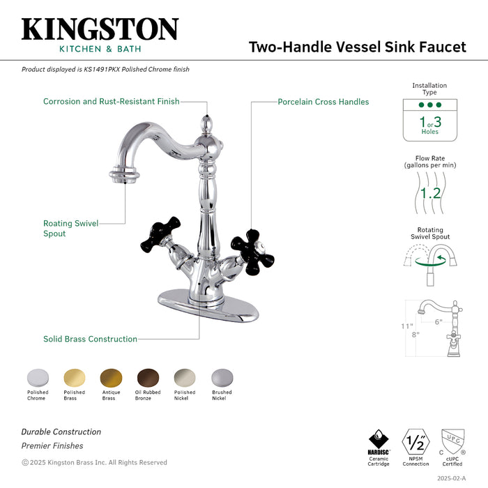 Kingston Heirloom KS1491PKX - Duchess Two-Handle 1-or-3 Hole Deck Mount Vessel Faucet, Polished Chrome