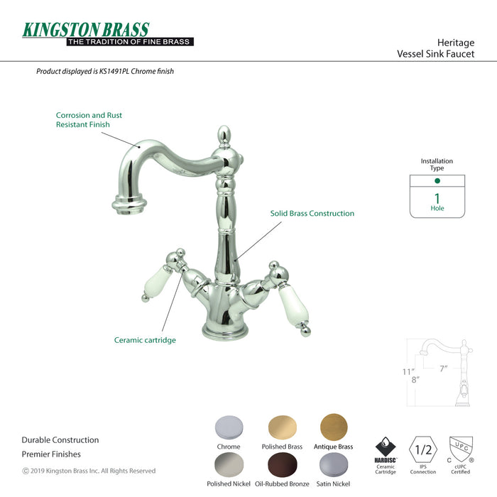 Kingston Heirloom KS1493PL - Heritage Two-Handle 1-or-3 Hole Deck Mount Vessel Faucet, Antique Brass