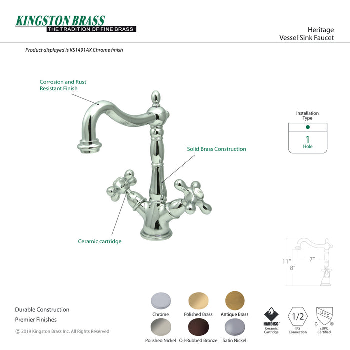Kingston Heirloom KS1496AX - Heritage Two-Handle 1-or-3 Hole Deck Mount Vessel Faucet, Polished Nickel