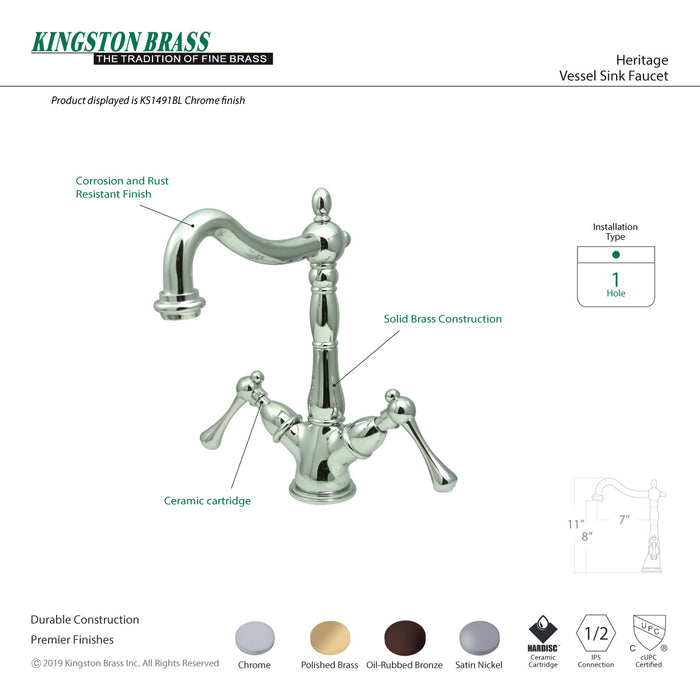 Kingston Tulare KS1498BL - Heritage Two-Handle 1-or-3 Hole Deck Mount Vessel Faucet, Brushed Nickel