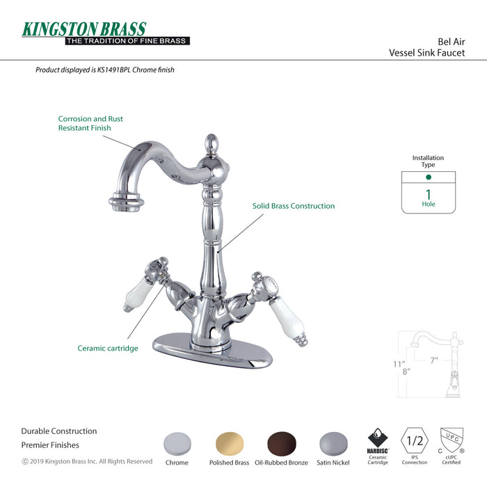 Kingston Heirloom KS1498BPL - Bel-Air Two-Handle 1-or-3 Hole Deck Mount Vessel Faucet, Brushed Nickel