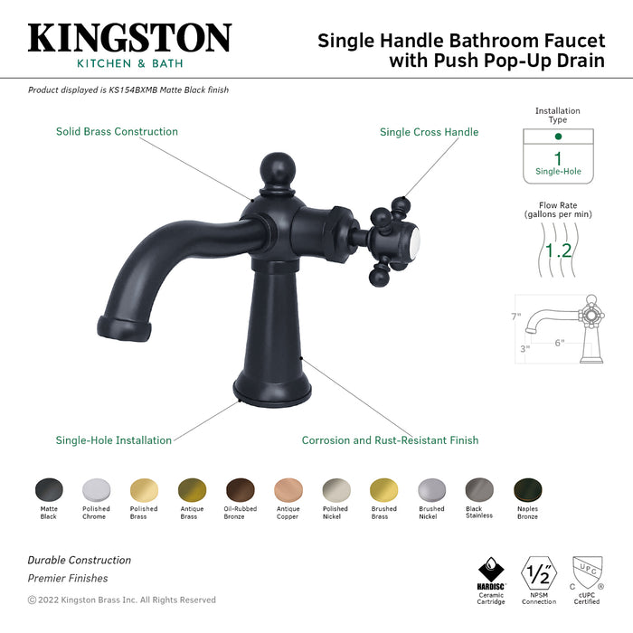 Kingston Heirloom KS154BXPN - Nautical One-Handle 1-Hole Bathroom Faucet with Push Pop-Up Drain, Polished Nickel