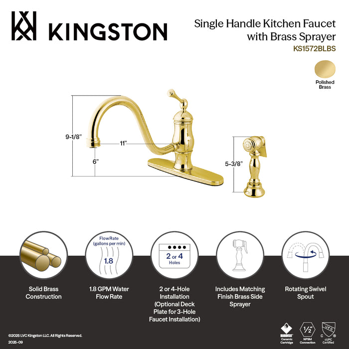 Kingston Heirloom KS1572BLBS - Heritage Single-Handle 2-or-4 Hole Kitchen Faucet with Brass Sprayer, Polished Brass
