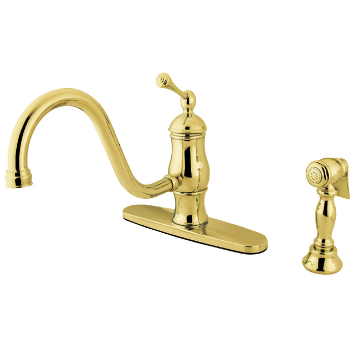 Kingston Heirloom KS1572BLBS - Heritage Single-Handle 2-or-4 Hole Kitchen Faucet with Brass Sprayer, Polished Brass