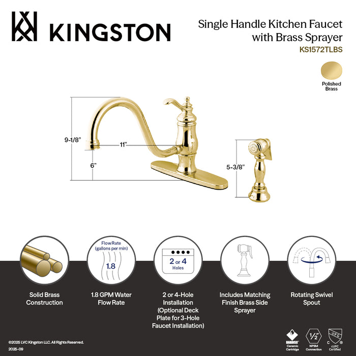 Gourmetier KS1572TLBS Single-Handle 2-or-4 Hole Kitchen Faucet with Brass Sprayer, Polished Brass
