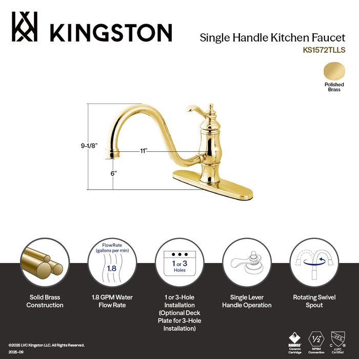 Kingston Heirloom KS1572TLLS - Heritage Single-Handle 1-or-3 Hole Kitchen Faucet, Polished Brass