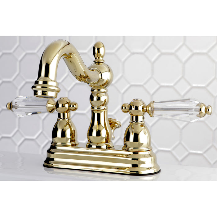Kingston Heirloom KS1602WLL - Wilshire Double-Handle 3-Hole Deck Mount 4-Inch Centerset Bathroom Faucet with Brass Pop-Up, Polished Brass