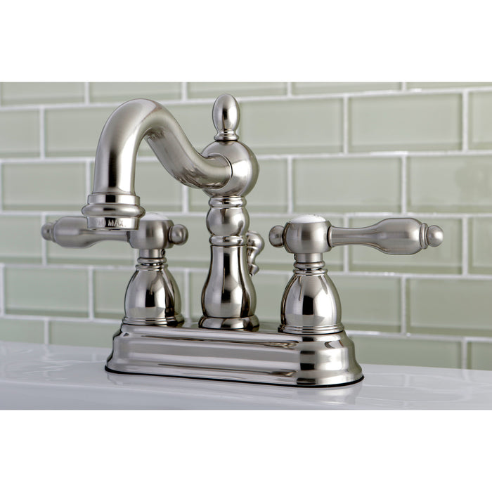 Kingston Heirloom KS1608TAL - Tudor Double-Handle 3-Hole Deck Mount 4-Inch Centerset Bathroom Faucet with Brass Pop-Up, Brushed Nickel