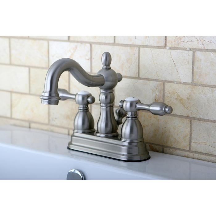Kingston Heirloom KS1608TAL - Tudor Double-Handle 3-Hole Deck Mount 4-Inch Centerset Bathroom Faucet with Brass Pop-Up, Brushed Nickel