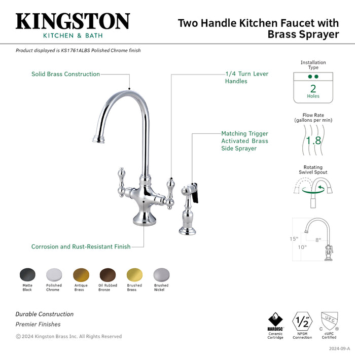 Kingston Tulare KS1761ALBS - Vintage Two-Handle 2-Hole Kitchen Faucet with Brass Sprayer, Polished Chrome