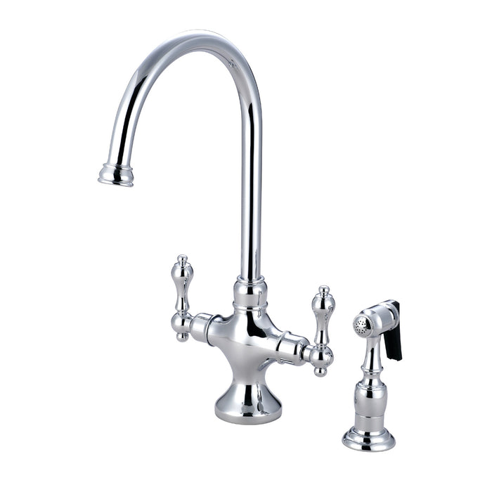 Kingston Tulare KS1761ALBS - Vintage Two-Handle 2-Hole Kitchen Faucet with Brass Sprayer, Polished Chrome