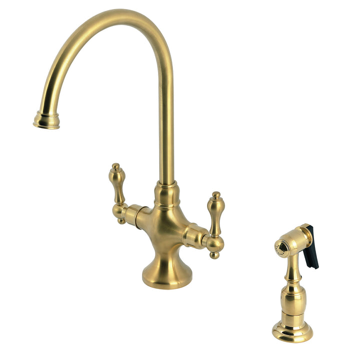 Vintage KS1767ALBS Two-Handle 2-Hole Deck Mount Kitchen Faucet with Brass Sprayer, Brushed Brass